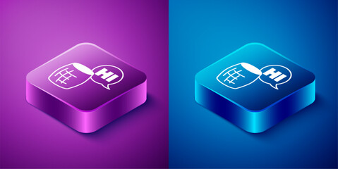 Wall Mural - Isometric Voice assistant icon isolated on blue and purple background. Voice control user interface smart speaker. Square button. Vector