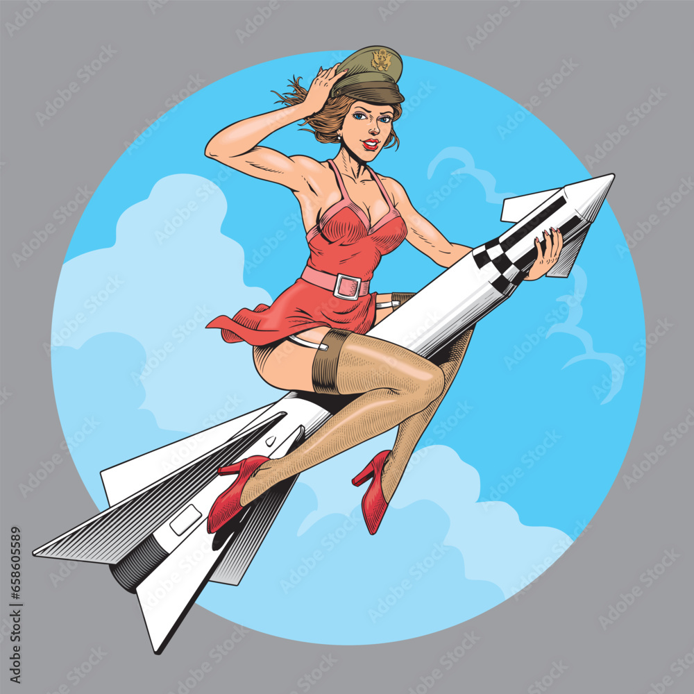 Pin up girl riding air defense missile, nuclear rocket or atomic bomb ...