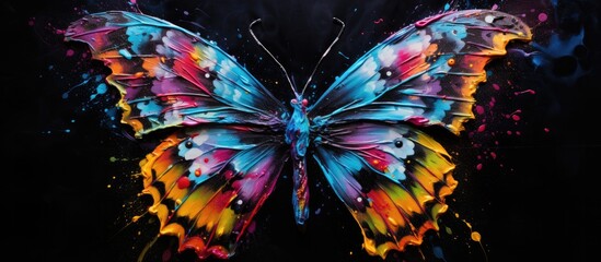 Wall Mural - Painted colorful butterfly animal, they show off in beautiful colors. isolated black background. Pattern for t-shirt printing, Generative AI