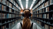 Young Woman Or Girl With Headphones On Her Head Standing In Large Library, Books On Both Sides, View From Behind - Audiobooks Concept