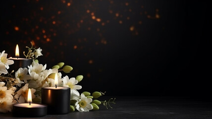 Wall Mural - beautiful flowers and candles on a wooden table