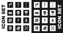 Set Human Broken Bone, Skull, Exit Sign, Museum Guide, Ancient Column, Paint Brush, Amphorae And Brochure Icon. Vector