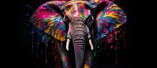 Painted Colorful Elephant Animal, They Show Off In Beautiful Colors. Isolated Black Background. Pattern For T-shirt Printing, Generative AI