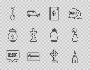 Poster - Set line Speech bubble rip death, Church building, Holy bible book, Beat dead monitor, Shovel, Grave with cross, and Flower vase icon. Vector