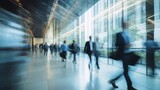 Fototapeta Londyn - Blurred figures of business professionals strolling at an expo, conference, or within a contemporary hall, demonstrating motion speed blur, broad panoramic banner