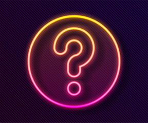 Poster - Glowing neon line Unknown search icon isolated on black background. Magnifying glass and question mark. Vector