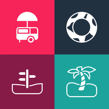 Set pop art Tropical palm tree, Road traffic sign, Rubber swimming ring and Fast street food cart icon. Vector