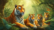 Group of tigers sitting in the forest.	
