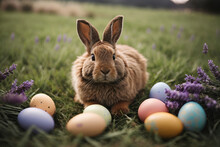 Easter Bunny Sitting In The Grass With Lavenders And Easter Egg Around Him