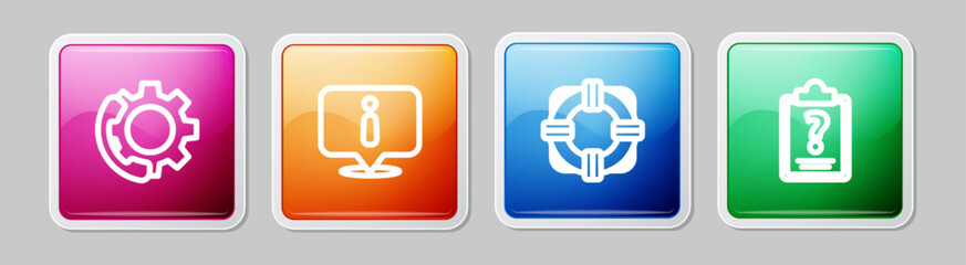 Poster - Set line Telephone 24 hours support, Information, Lifebuoy and Clipboard with question marks. Colorful square button. Vector