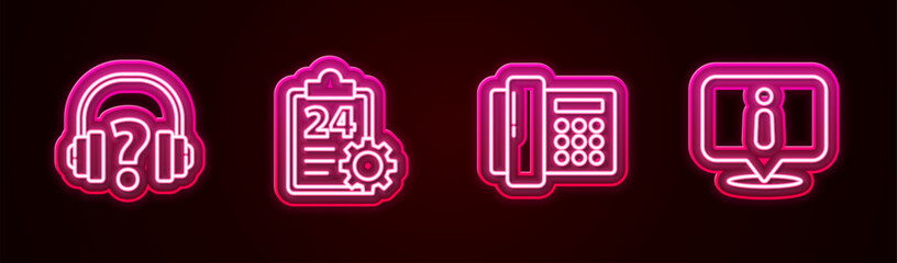 Poster - Set line Headphones, Checklist with 24 hours service, Telephone and Information. Glowing neon icon. Vector
