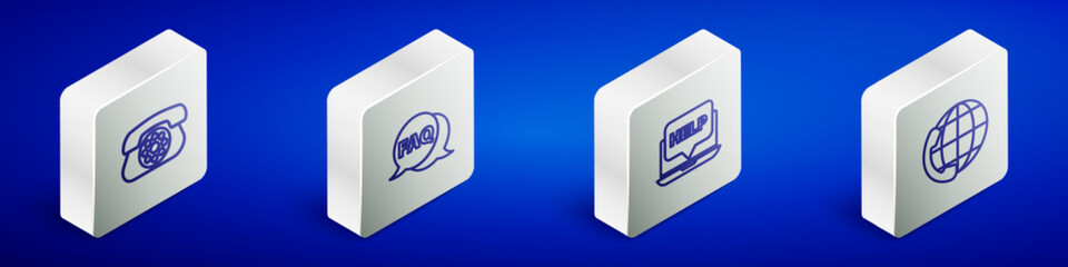 Poster - Set Isometric line Telephone, Speech bubble with FAQ, Laptop and help and 24 hours support icon. Vector