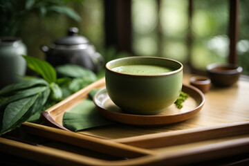 A cup of matcha with traditional japanese bamboo tray, natural lighting, green tea