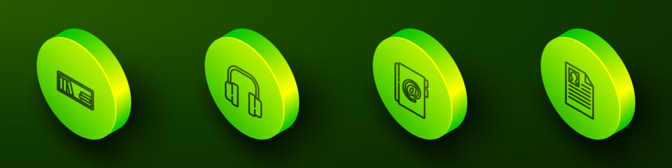 Poster - Set Isometric line Shelf with books, Headphones, Address and Resume icon. Vector
