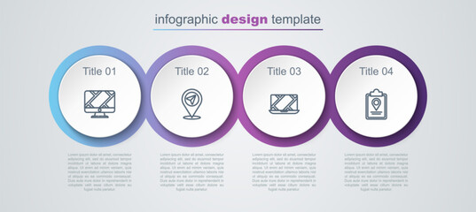 Poster - Set line Monitor with location marker, Location, City map navigation and Folded. Business infographic template. Vector