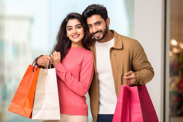 Wall Mural - Young Indian couple holding shopping bags and expressing happiness