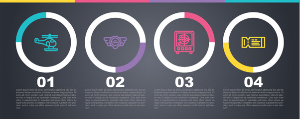 Poster - set line helicopter, aviation emblem, radar with targets monitor and airline ticket. business infogr
