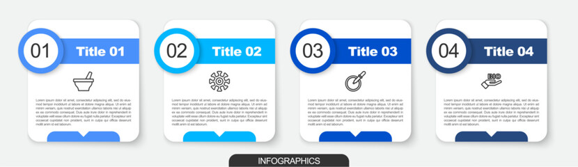 Sticker - Set line Mortar and pestle, Bacteria, Petri dish with pipette and Bio healthy food. Business infographic template. Vector