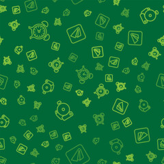 Poster - Set line Alarm clock, Ringing alarm bell and Paper airplane on seamless pattern. Vector
