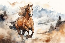 Horse Galloping In Mountain Illustration With Watercolor Style. Generative AI