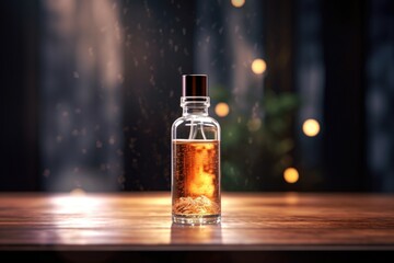 Poster - A bottle of liquid is sitting on top of a wooden table. This versatile image can be used for various purposes.