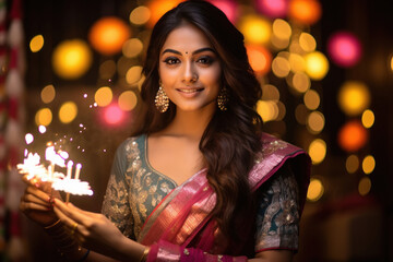 Sticker - Young indian woman in traditional saree, celebrating diwali festival.