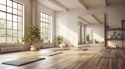 Wall Mural - A serene yoga studio with empty frames, promoting mindfulness and creativity.