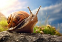Close Up A Snail On A Rock 