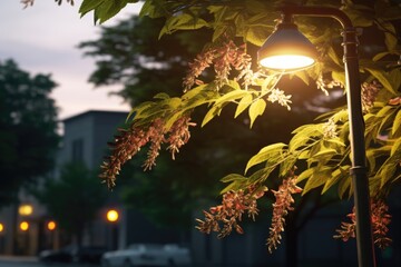 Poster - A picture of a street light standing next to a tree. This image can be used to depict urban landscapes, city streets, or the combination of nature and man-made structures.