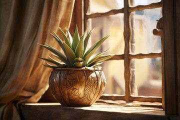 Poster - A potted plant sitting on a window sill. Can be used to add a touch of nature to interior design or to depict a cozy home environment.