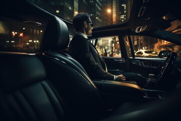 Poster - A man is seen sitting in the passenger seat of a car. This image can be used to depict a passenger in a car or to illustrate transportation and travel concepts.