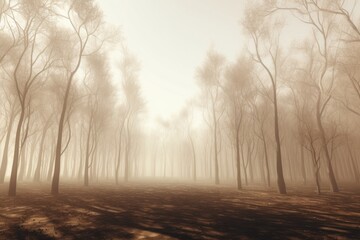 Poster - A misty forest with a dense cluster of trees. Ideal for nature lovers and outdoor enthusiasts. .
