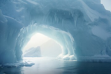 Aufkleber - A stunning image of a spacious ice cave with a captivating light at the end. This picture can be used to symbolize hope, adventure, or the journey towards a bright future.
