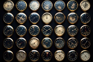 Poster - A collection of clocks placed on a table. This image can be used to depict the concept of time management or to illustrate the passing of time in various scenarios.
