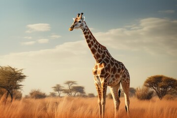 Aufkleber - A giraffe standing in the middle of a field. This image can be used to depict wildlife, nature, and animal conservation.