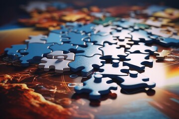 Poster - A collection of puzzle pieces sitting on top of a table. This versatile image can be used to represent problem-solving, teamwork, or the concept of fitting pieces together to create a whole.
