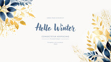 Hello Winter Watercolor Floral Frame With Golden Leaves, Branches, Flowers And Berries.