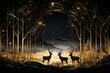 Contemporary mural with 3D night scenery, golden and black trees, dark marble sun, and deer. Keywords: modern, art, wallpaper, landscape, golden, black, trees. Generative AI