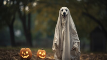 White Swiss Shepherd Dog In A White Cloak With A Pumpkin On Halloween