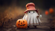 Halloween background with pumpkins, ghost and scarecrow in the field