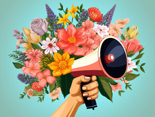 Hand communication megaphone announce message loud flowers