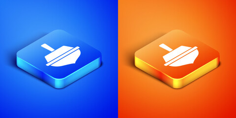 Canvas Print - Isometric Hanukkah dreidel icon isolated on blue and orange background. Square button. Vector