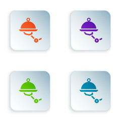 Sticker - Color Waiter robot with covered plate icon isolated on white background. Artificial intelligence, machine learning, cloud computing. Set colorful icons in square buttons. Vector