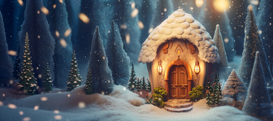 Wall Mural - A small fairy tale cottage in a winter snow covered forest, Christmas background with woodland house made by gnomes and trolls