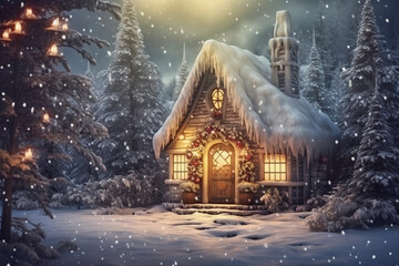 Wall Mural - A small fairy tale cottage in a winter snow covered forest, Christmas background with woodland house made by gnomes and trolls