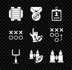 Sticker - Set American football field, Football with medal, VIP badge, goal post, Binoculars and american, Planning strategy concept and Number 1 one fan hand glove finger raised icon. Vector