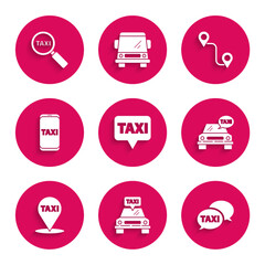 Poster - Set Map pointer with taxi, Taxi car, call telephone service, Route location and Magnifying glass and icon. Vector