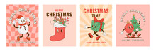 Set Of Retro Cartoon Christmas Characters Posters. Funny Snowman, Xmas Stocking, Christmas Tree, Giftbox Mascot. Vector Illustration. New Year Decoration