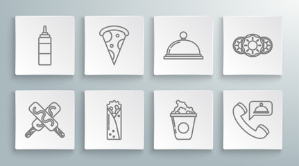 Canvas Print - Set line Ice cream, Slice of pizza, Doner kebab, Popcorn in cardboard box, Food ordering, Covered with tray food, Donut sweet glaze and Sauce bottle icon. Vector