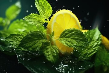 Poster - A close-up view of a lemon and fresh mint leaves. Perfect for adding a refreshing touch to food and beverage-related designs.